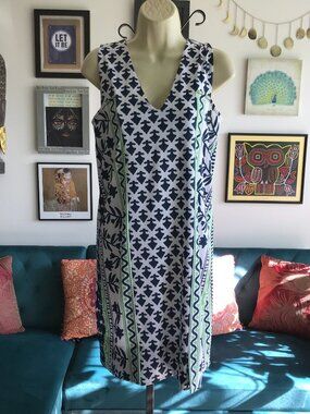 GRETCHEN SCOTT size XS Blue White Lime Green Floral Sleeveless Shift Dress